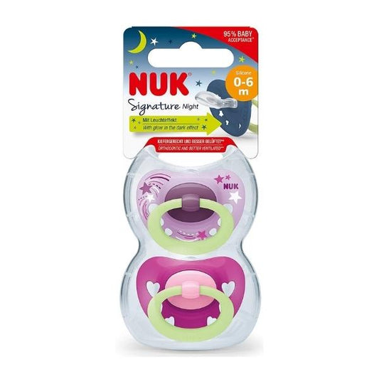 NUK Signature Night Silicone Soothers Pink 0-6 Months