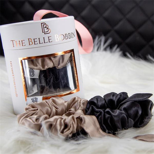 The Belle Bobbin - 100% Mulberry Silk Scrunchies - Black & Champagne